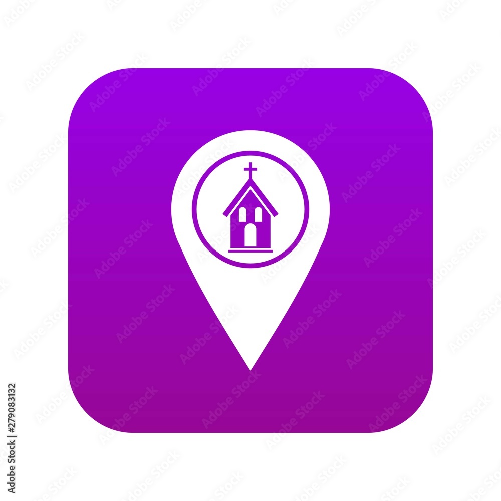 Map pointer with church, cathedral or temple sign icon digital purple for any design isolated on white vector illustration Map pointer with church, cathedral or temple sign icon digital purple for any design isolated on white vector illustration