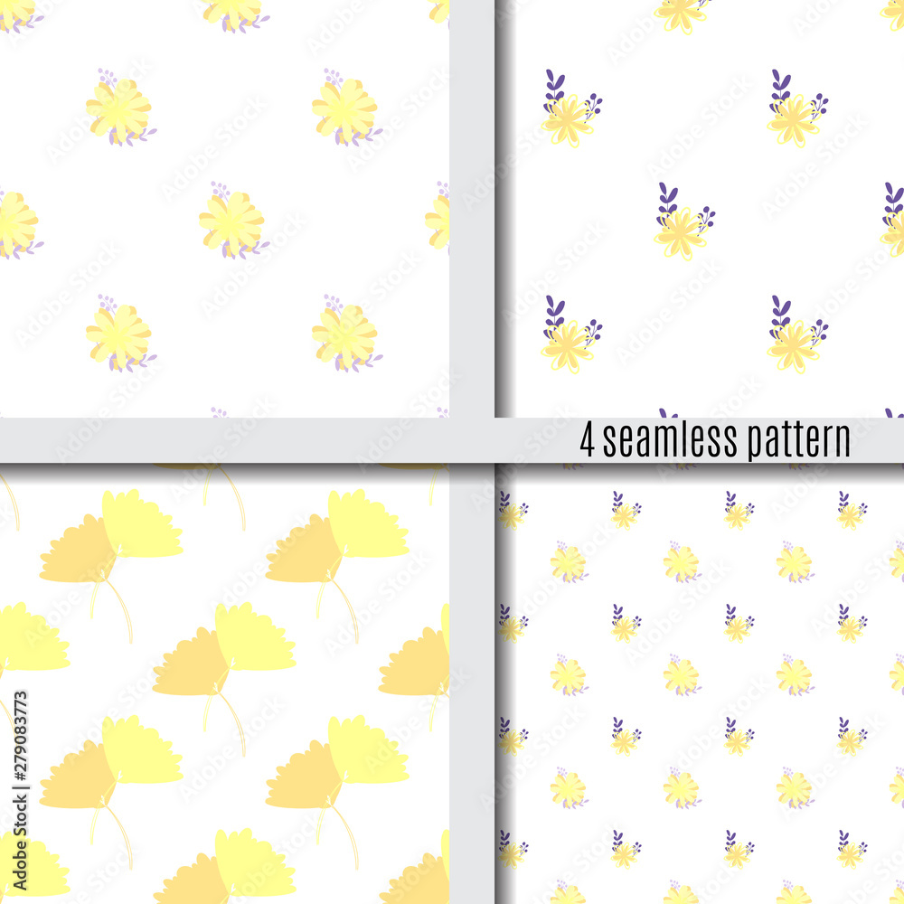 Set seamless pattern bouquets of simple, clear, ordinary flowers trendy bright color yellow and purple Set seamless pattern bouquets of simple, clear, ordinary flowers trendy bright color yellow and purple