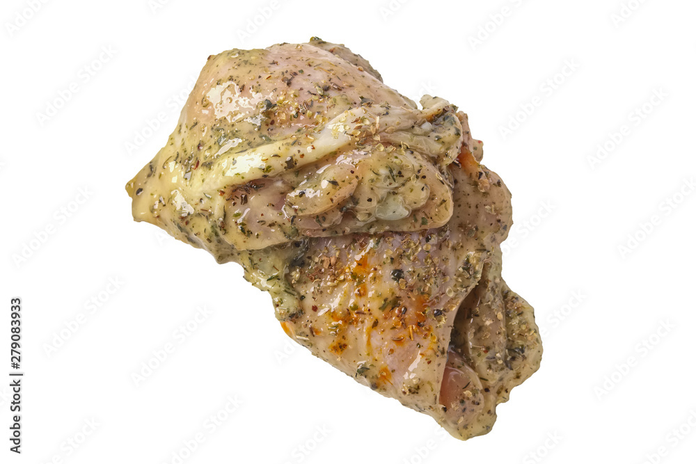 Raw piece of chicken with spice and sauce prepered for barbecue. Gastronomy template isolated on white background.