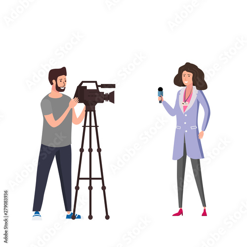 Journalist woman reporter presenting live news talk with man operator