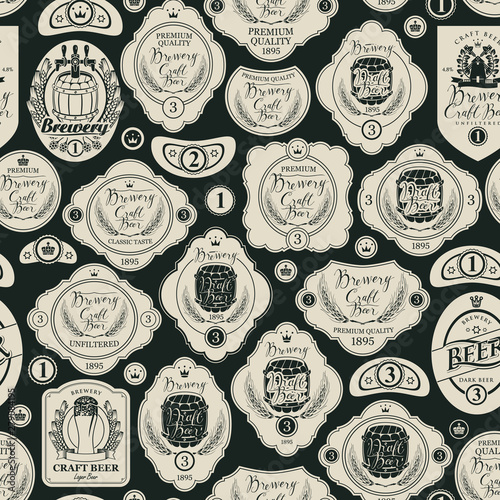 Vector seamless pattern on the theme of beer with various beer labels with images of barrels, beer glasses, ears of wheat, mills, laurel wreathes and other in retro style