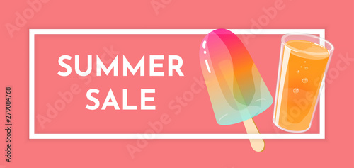 Summer sale banner template with ice cream and fresh juice. Vector illustration.