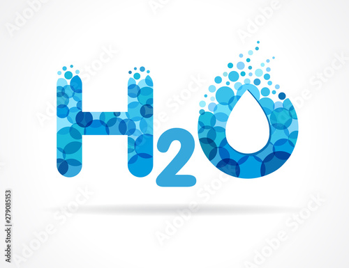 Chemical formula h2o with water drops in letters. H2O mineral natural water vector icon design. Blue wave logo with aqua bubbles splash 