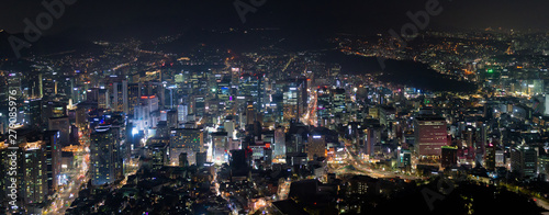 Aerial panoramic view of urban skyscrapersand central city  at night, Seoul, South Korea.