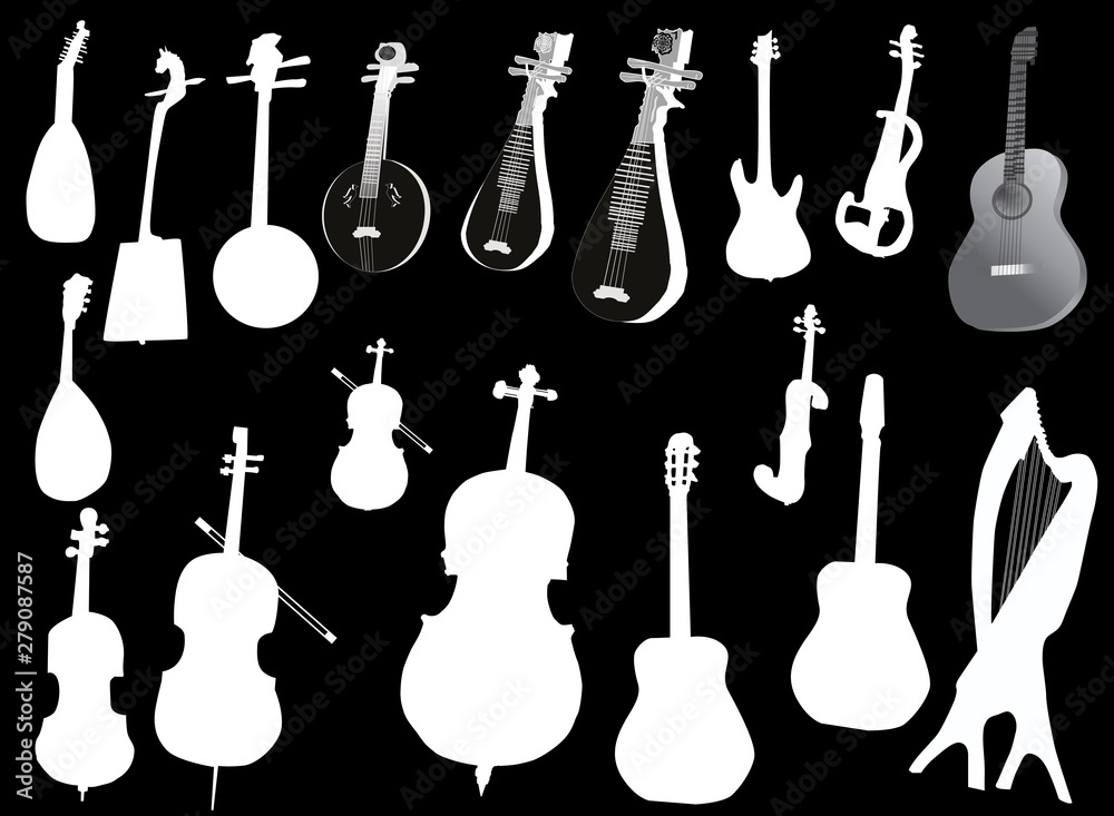 eighting white musical instruments isolated on black eighting white musical instruments isolated on black