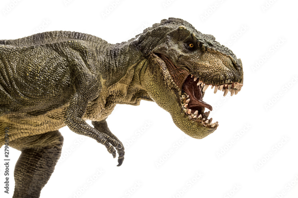 Naklejka premium Ekstremalny widok zbliżenia złowrogiej figurki dinozaura T-Rex wyizolowanych na czystym białym tle. Potworne zwierzę z ostrymi zębami.