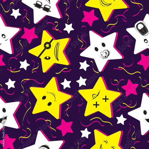 Cute seamless pattern background with cartoon kawaii stars and confetti. For kids clothes  pajamas  baby shower design. Vector image.