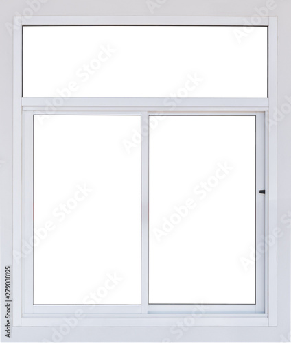 Modern clean pvc window isolated on white background with blank concrete wall  real empty large plastic frame pane of office see through view