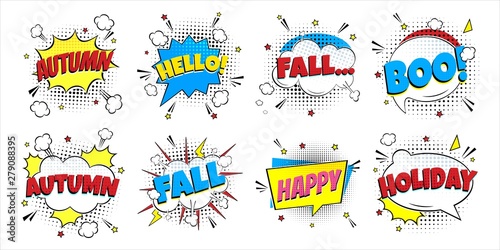 8 Comic Lettering Autumn In The Speech Bubbles Comic Style Flat Design. Dynamic Pop Art Vector Illustration Isolated On White Background. Exclamation Concept Of Comic Book Style Pop Art Voice Phrase.