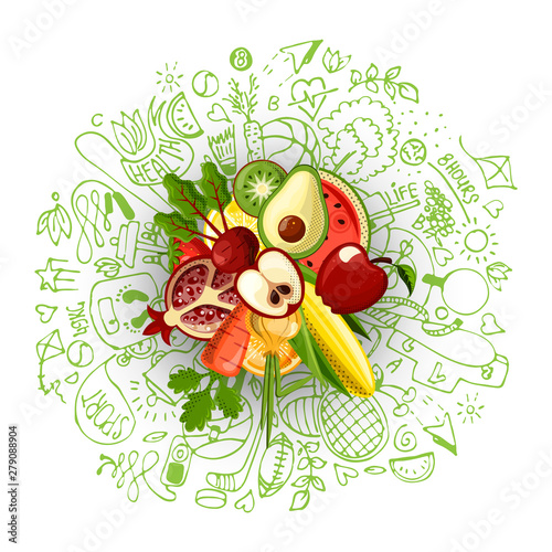 Healthy lifestyle concept with sport and healthy diet doodles and icons - sport, food, happy and normal sleep icons around fresh, juicy fruits on white background. Healty diet and sport concept