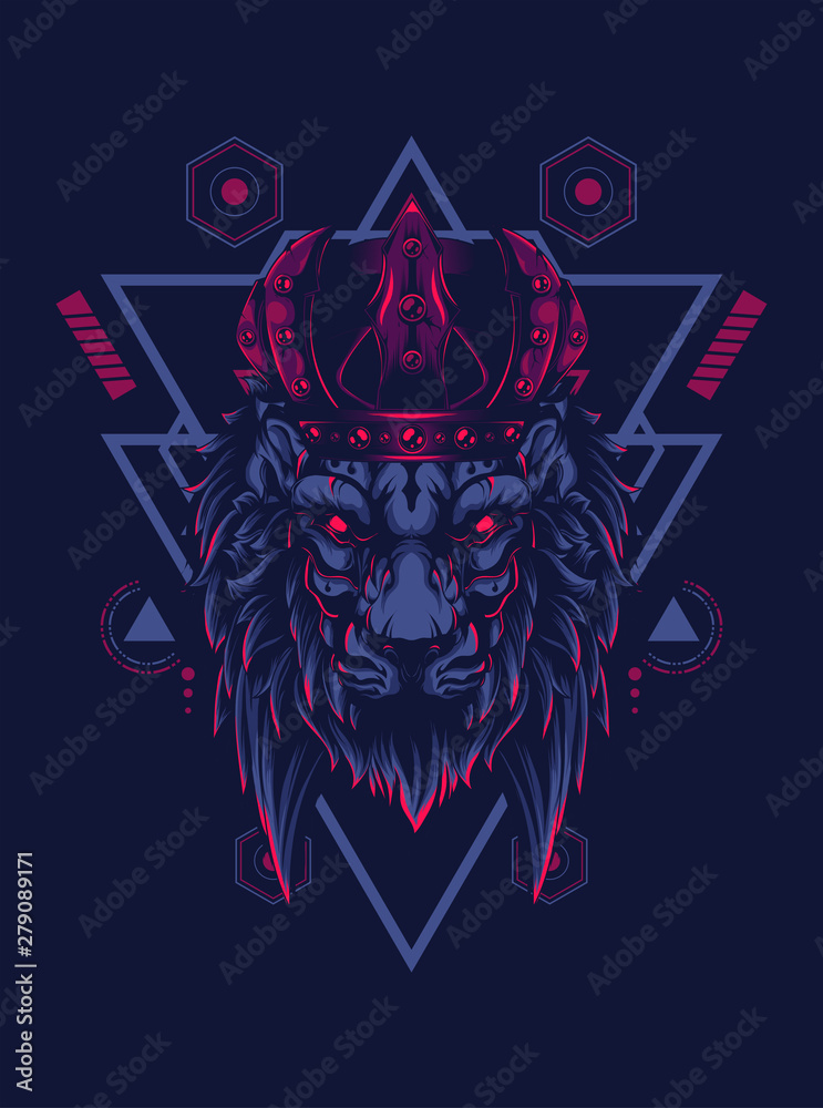 king of lion with dark crown and sacred geometry pattern as the background king of lion with dark crown and sacred geometry pattern as the background