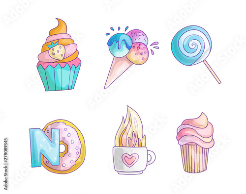 Cute cartoon little princess icon set - sweets sweet ice cream, cake, cocktails, donut and lollipop. Cute girly sweets - icon stickers in one collection