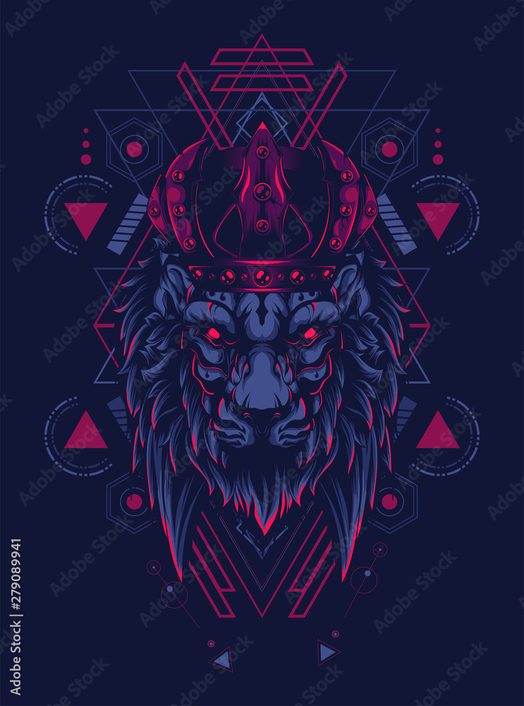 king of lion with dark crown and sacred geometry pattern as the background king of lion with dark crown and sacred geometry pattern as the background