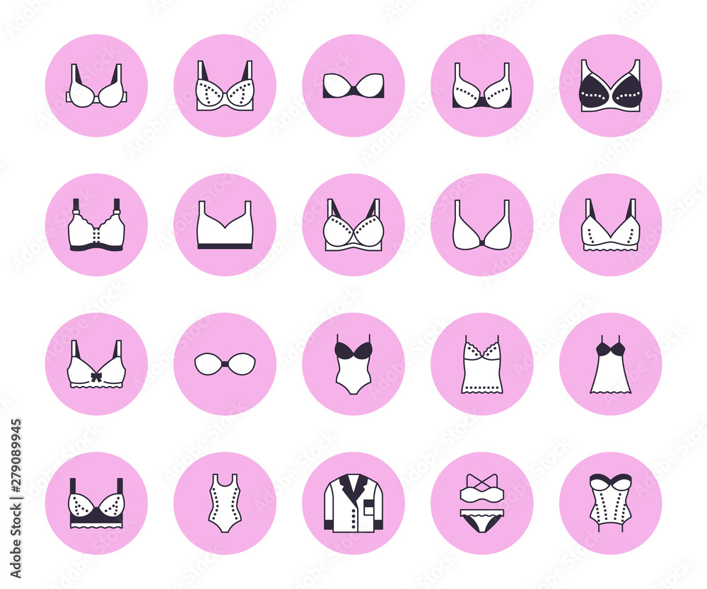 Lingerie flat line icons set. Bras types, woman underwear