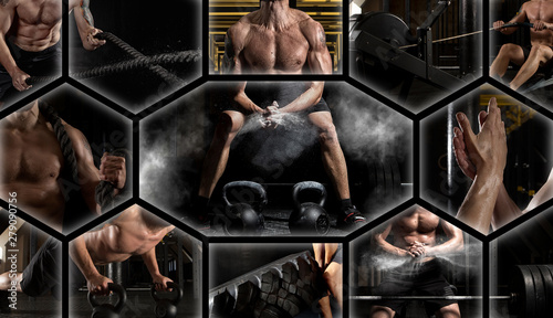 Crossfit collage. Man exercising at the gym
