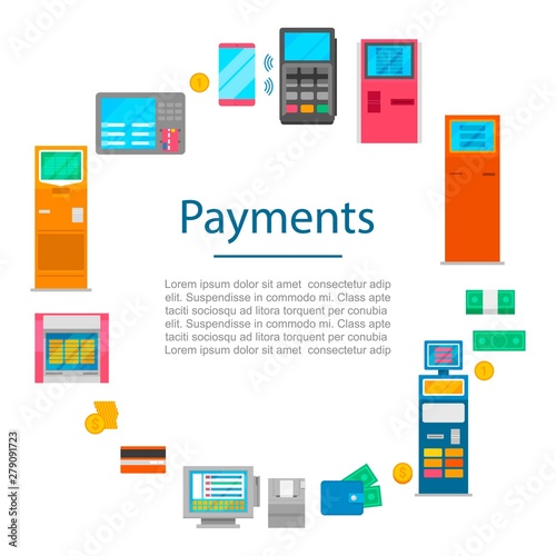 Payment methods vector concept with digital currency, cash money, bank system nfc technology and payment terminals. Pay cash or credit card method.