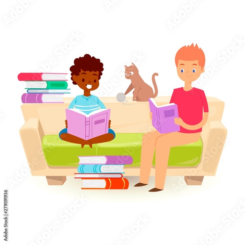 Small kids holding open book and reading vector illustration. African boy and caucasian teen boy sitting on sofa with pile of books and a kitten and learning. Love to read literature.