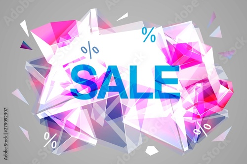 Vector sale facet crystal banner. 3d abstract shape poster, card, advertising. Rose color winter wholesale concept with ice crystal, explosion. Christmas, new year saler offer.