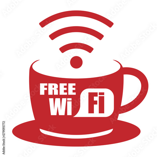 Internet cafe poster design.Cup of coffee shop with free wifi zone sign. wifi icon. Internet connection placard icon isolated on white background. Flat design.