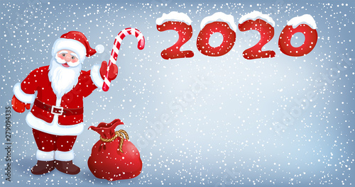 Santa Claus with candy striped cane against the backdrop of snowfall. Christmas or New Year design card.