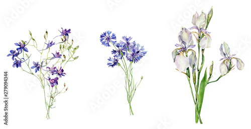 Watercolor bouquets of blue flowers