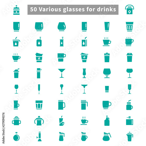 Fifty various glasses for drinks solid icons