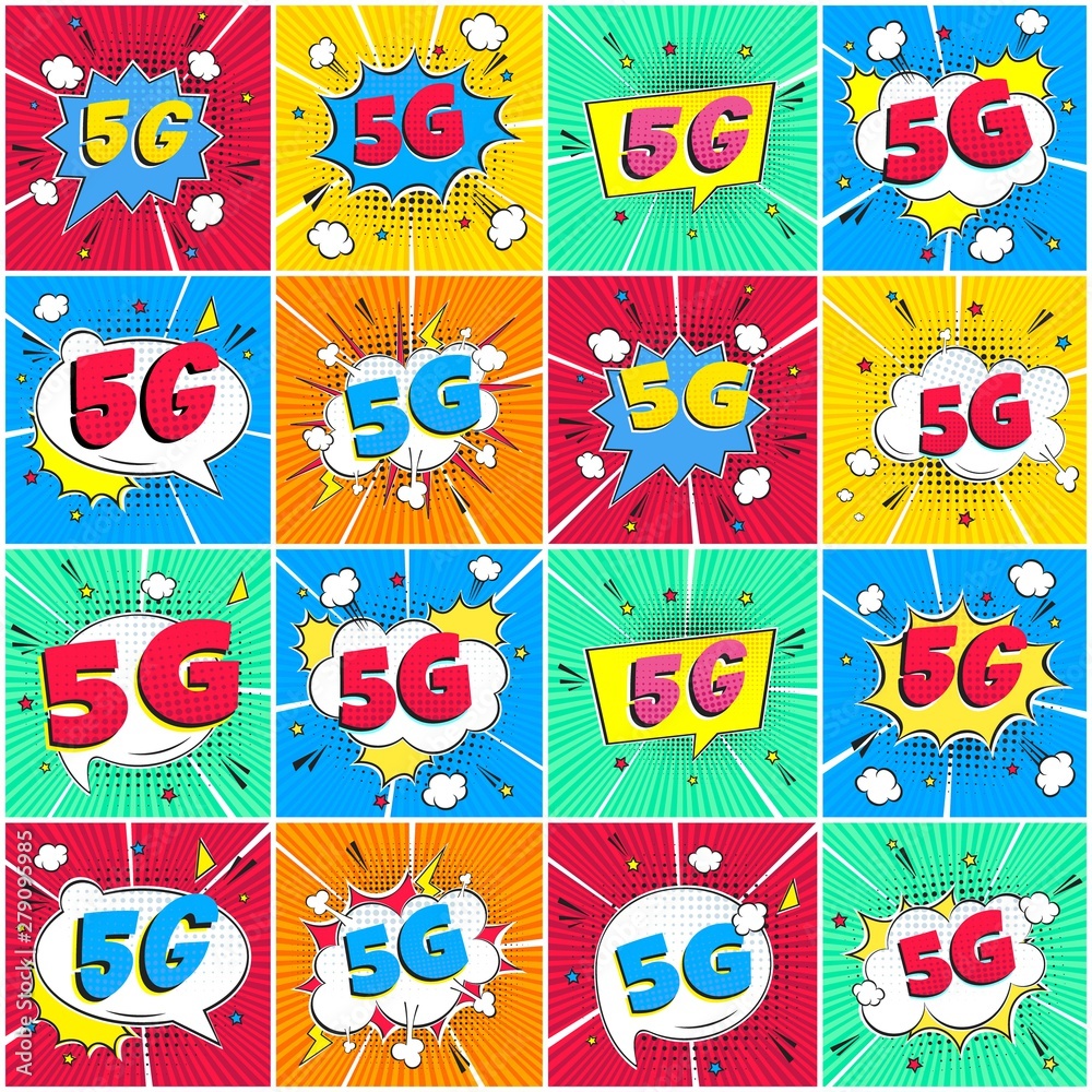 Fototapeta premium 5G new wireless internet wifi connection comic style speech bubble exclamation text 5g flat style design vector illustration isolated on rays background big set. New mobile internet 5g sign icon.