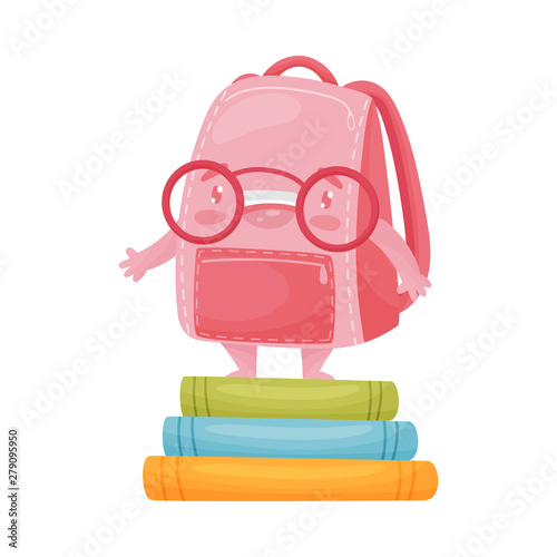 Cute humanized pink schoolbag stands on a stack of books. Vector illustration on white background.