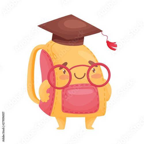 Cute humanized orange schoolbag in the cap of a scientist. Vector illustration on white background.