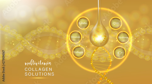 Hyaluronic acid plus multivitamins and mineral skin solutions ad, gold collagen serum drop with cosmetic advertising background ready to use, illustration vector.	