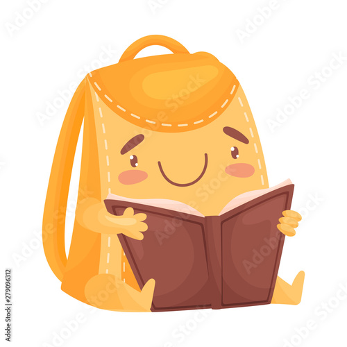 Cute orange schoolbag sits with a book. Vector illustration on white background.