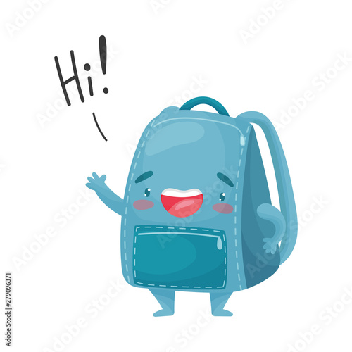 Cute humanized blue schoolbag waving his hand. Vector illustration on white background.