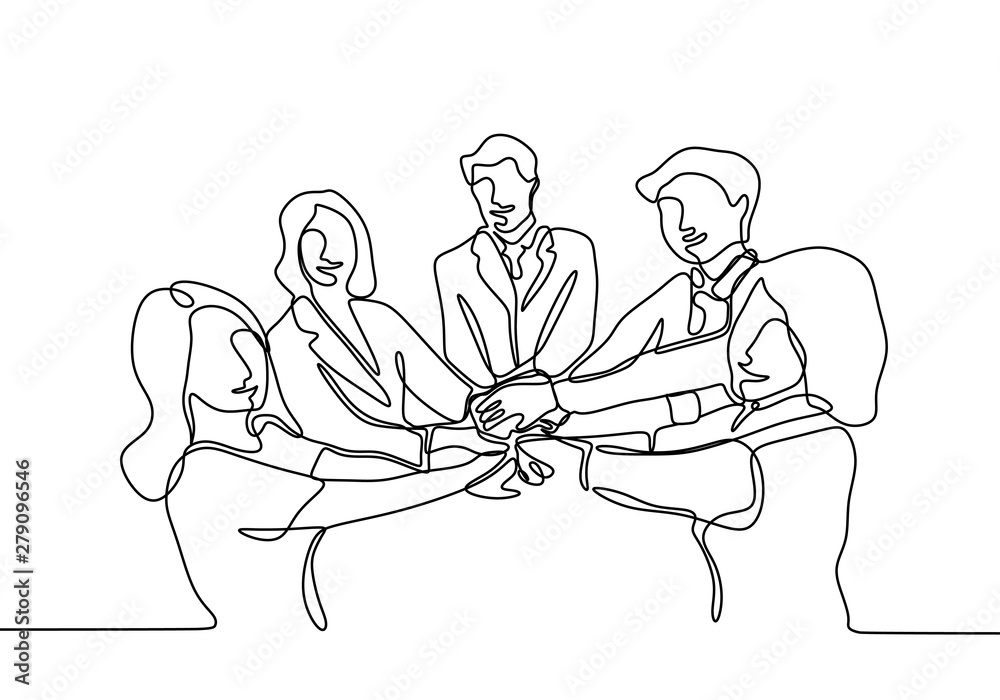 Continuous line drawing of Business people join hand together during their meeting - obrazy, fototapety, plakaty 