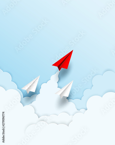 Business  leadership ,financial concept. Red paper plane leadership  to sky go to success goal. paper art style. creative idea. vector ,illustration.