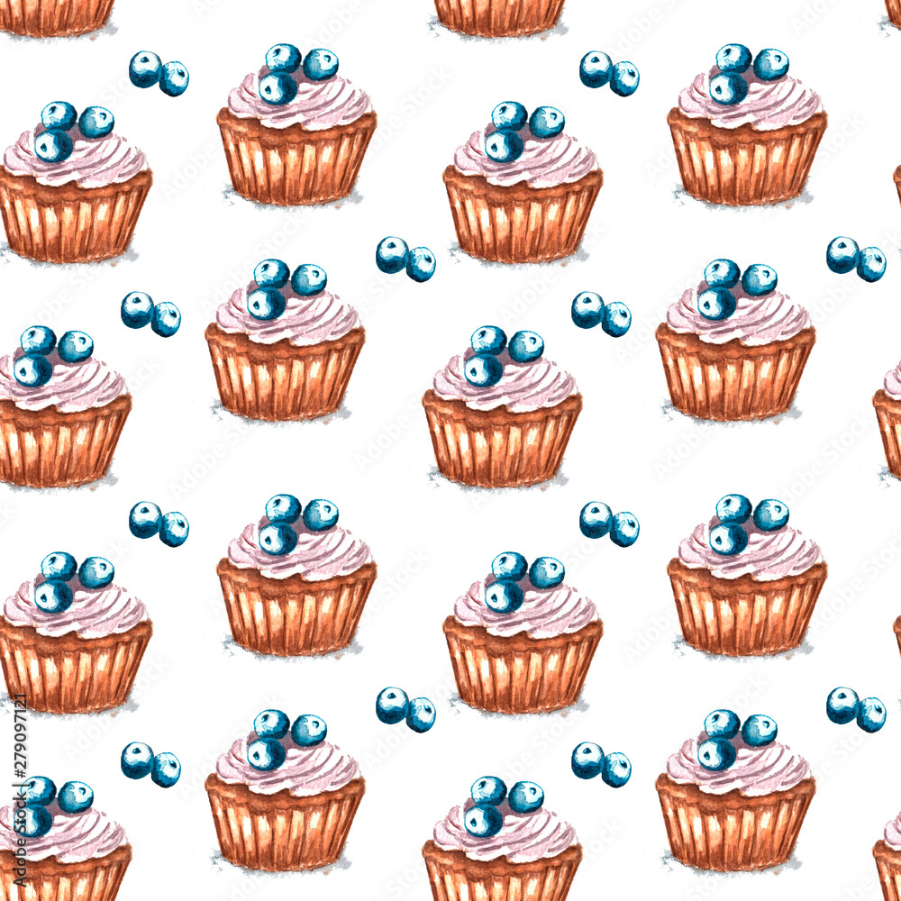 Watercolor illustration of seamless pattern cupcake with blueberry on white background