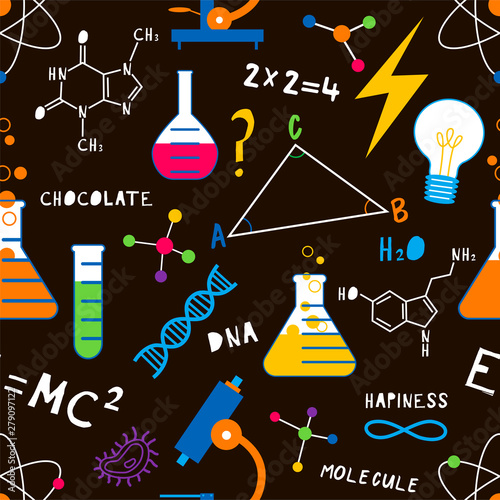 Science lesson flat vector seamless pattern. Chemistry, Biology, Physics school subject background. Flasks with chemicals, formula backdrop. Wallpaper, wrapping paper, textile cartoon minimal design
