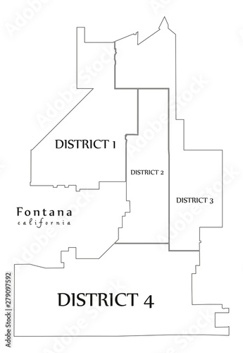 Modern City Map - Fontana California city of the USA with districts and titles outline map