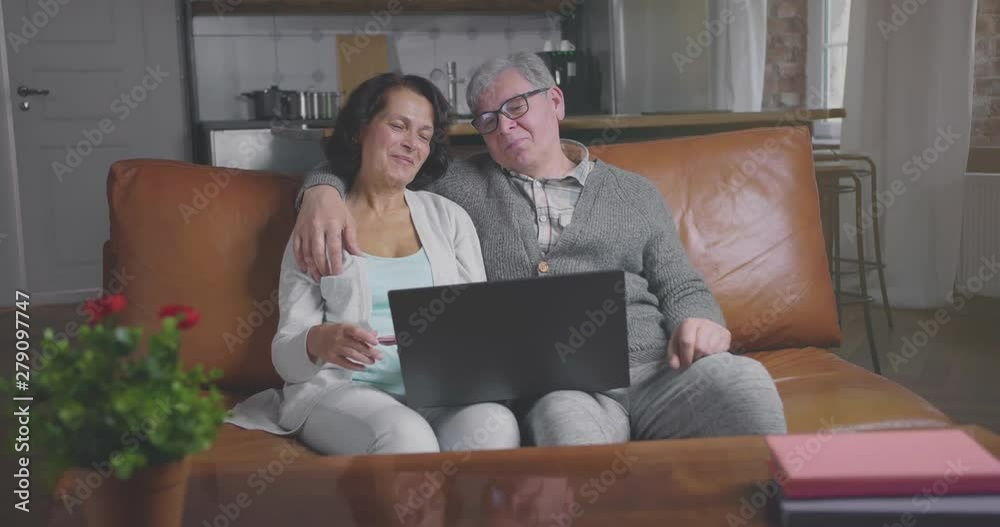 Senior couple makes video call, chats and hugs