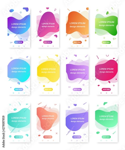 12 Modern liquid abstract element shape gradient memphis style design fluid vector colorful illustration banner set simple shape template for presentation, flyer, brochure isolated on white background