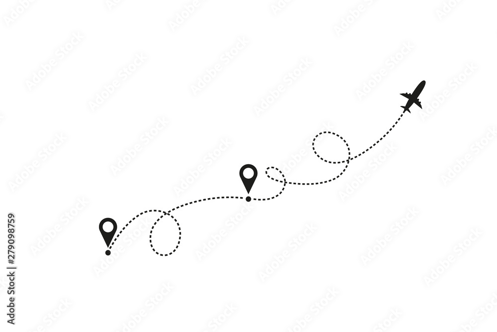 Tourism and travel concept. Airplane line path on white background. Vector icon of air plane flight route with dash line trace, start point and transfer point. Vector illustration Tourism and travel concept. Airplane line path on white background. Vector icon of air plane flight route with dash line trace, start point and transfer point. Vector illustration