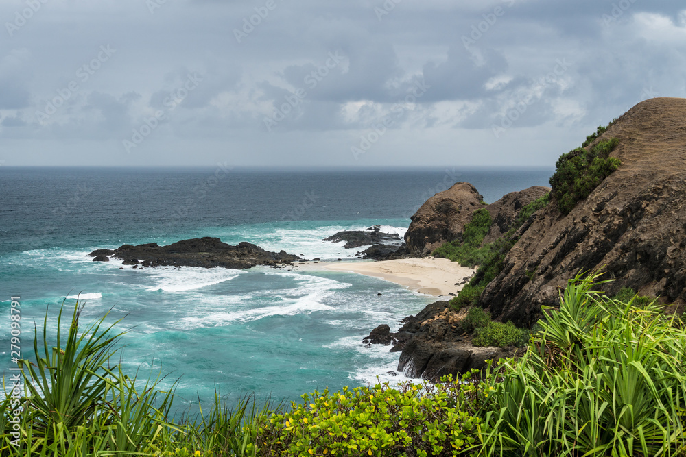 Dramatic coastline and beach on the Marese hill in Tanjung Aan, near Kuta, in south Lombok in Indonesia.