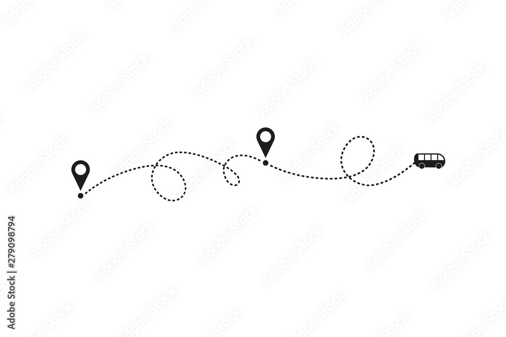 Tourism and travel concept. Bus line path on white background. Vector icon of bus route with dash line trace, start point and transfer point. Vector illustration