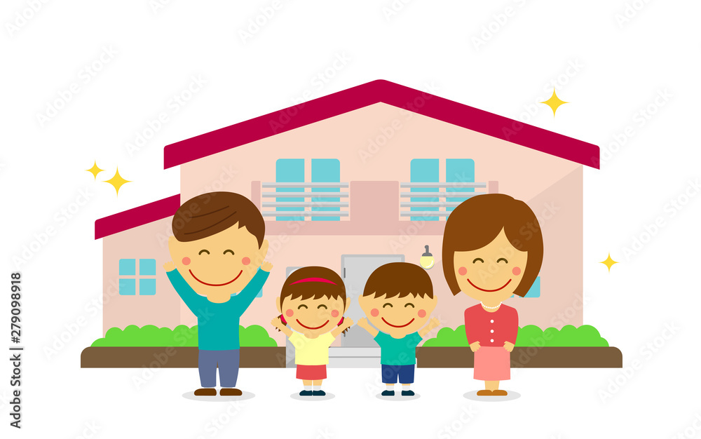 Happy family (asian) and new house. flat vector llustration (newly built house). 