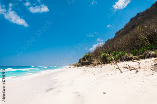 Tropical beach with white sand  blue ocean and waves