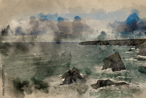 Digital watercolor painting of Stunning landscape image of Bedruthan Steps on Cornwall coast in England
