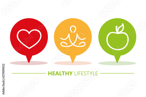 healthy lifestyle icons speach bubbles heart yoga and apple vector illustration EPS10
