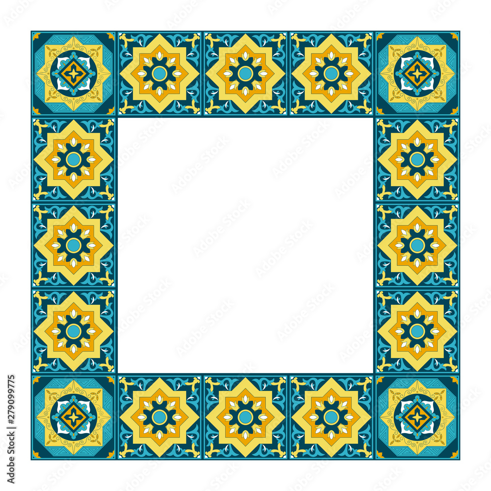 Tile frame vector. Vintage border pattern. Green mosaic ceramic decor