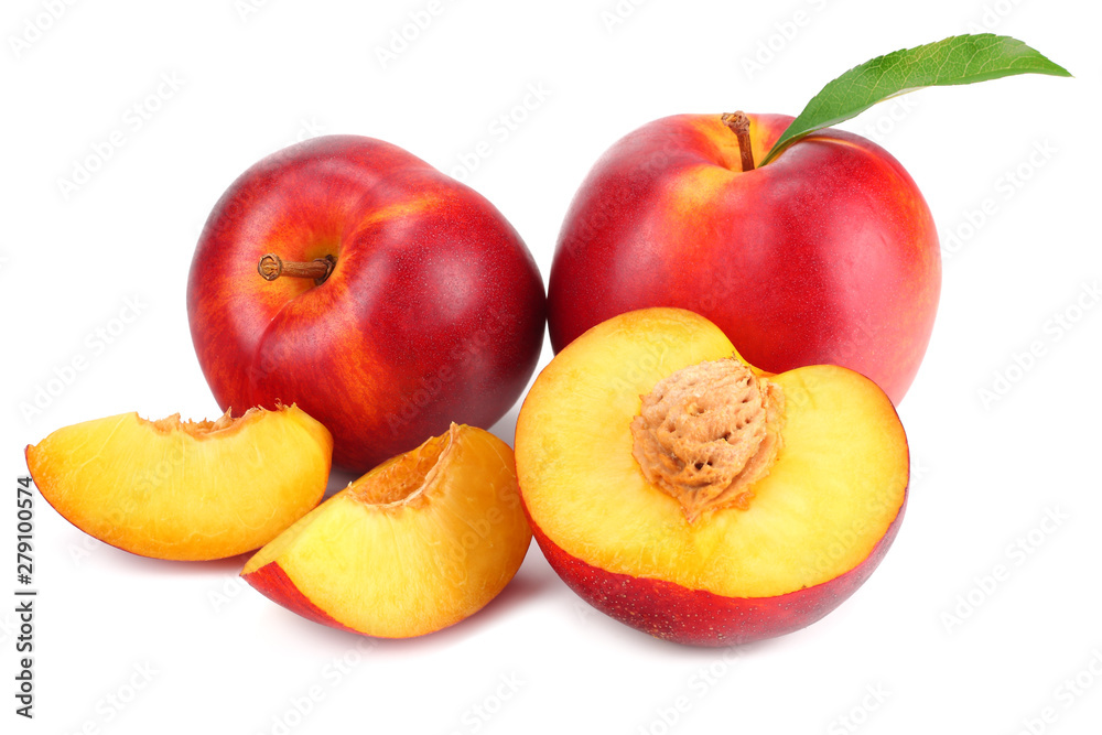 Nectarine with green leaf and slices isolated on white background Nectarine with green leaf and slices isolated on white background