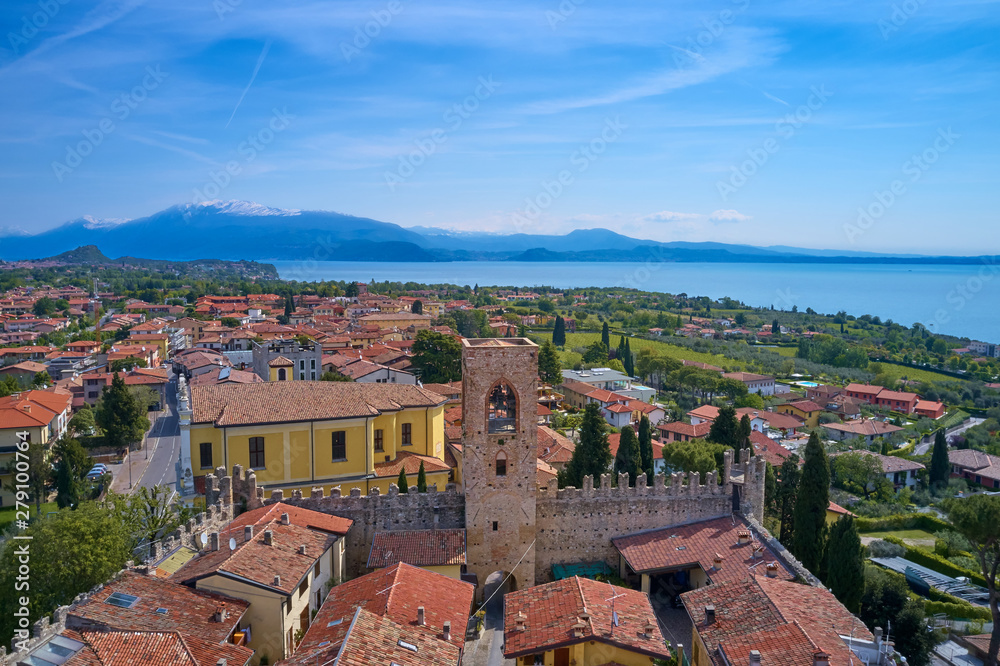 Aerial photography with drone. Church Castello di Moniga in Garda lake, Italy.