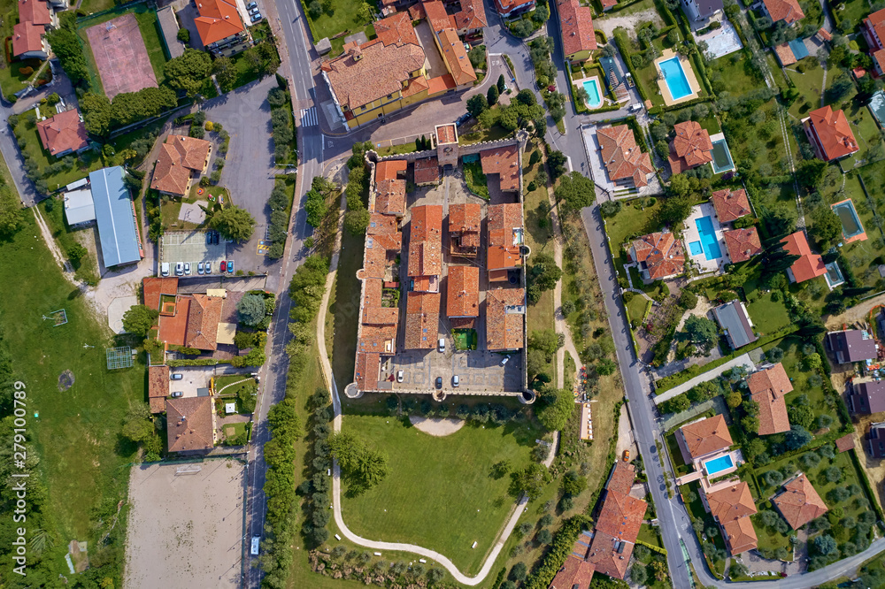 Obraz premium Aerial photography with drone. Church Castello di Moniga in Garda lake, Italy.